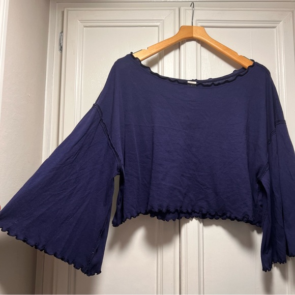 Free People Blue Birdcage Cropped Tee Lettuce Trim Boxy Boho Dark Blue Sz Small - Picture 5 of 9